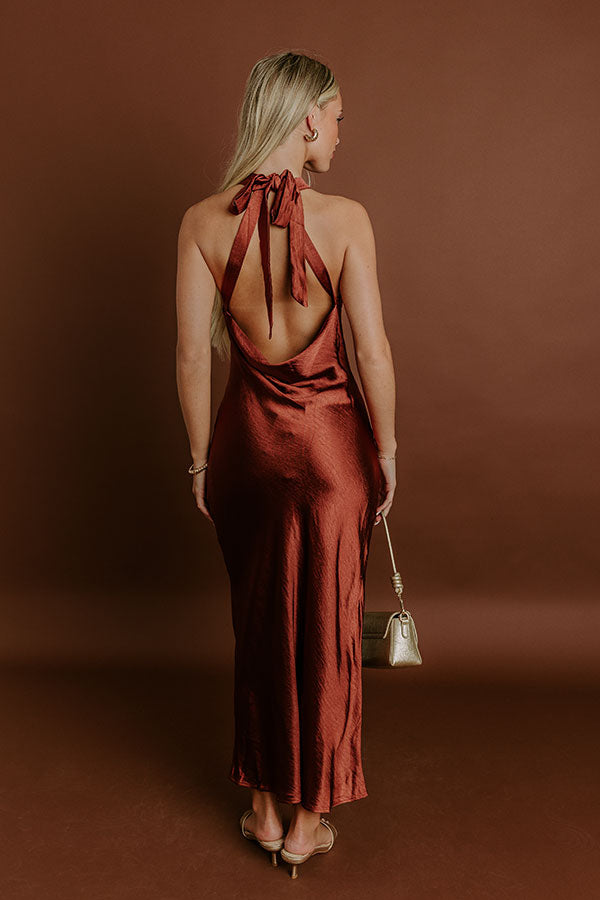 satin rust midi dress Rust Satin Draped Midi Dress Marcy Boutique