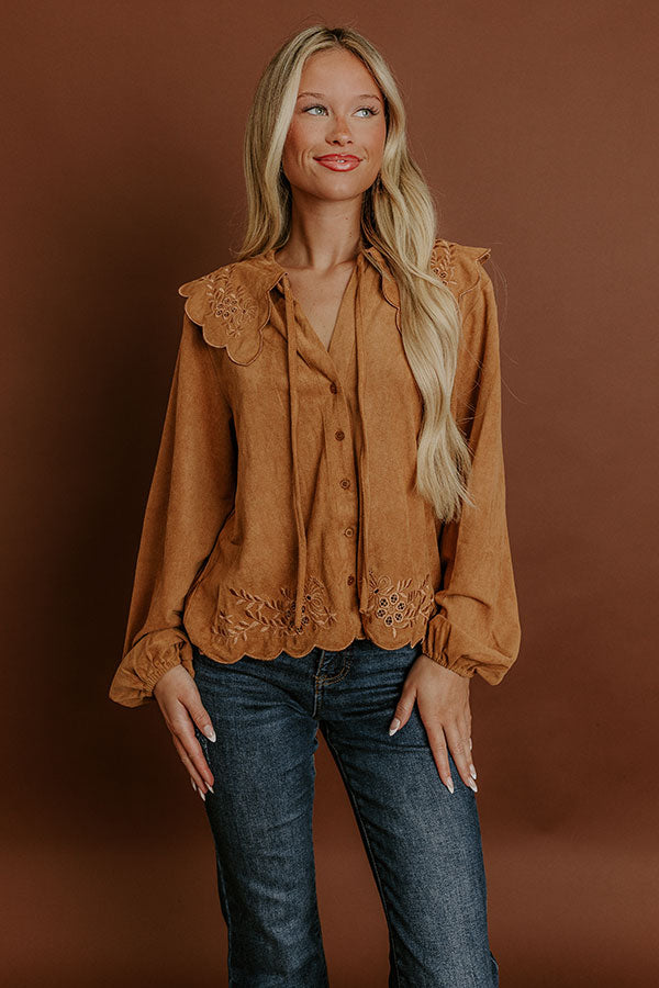 Rosehill Estate Faux Suede Button Up Top in Camel Image 2