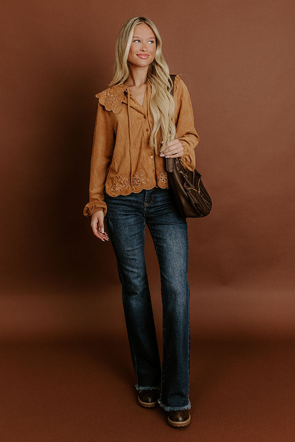 Rosehill Estate Faux Suede Button Up Top in Camel Image 5