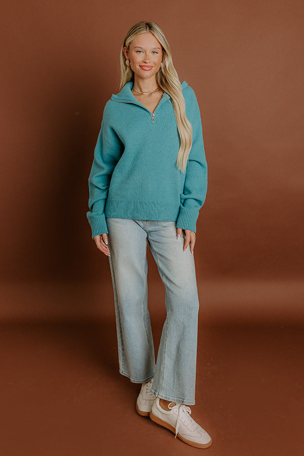 Brisk Stroll Quarter Zip Knit Sweater in Turquoise Image 4