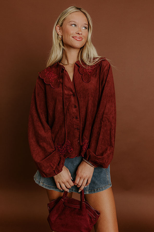 Rosehill Estate Faux Suede Button Up Top in Merlot Image 4