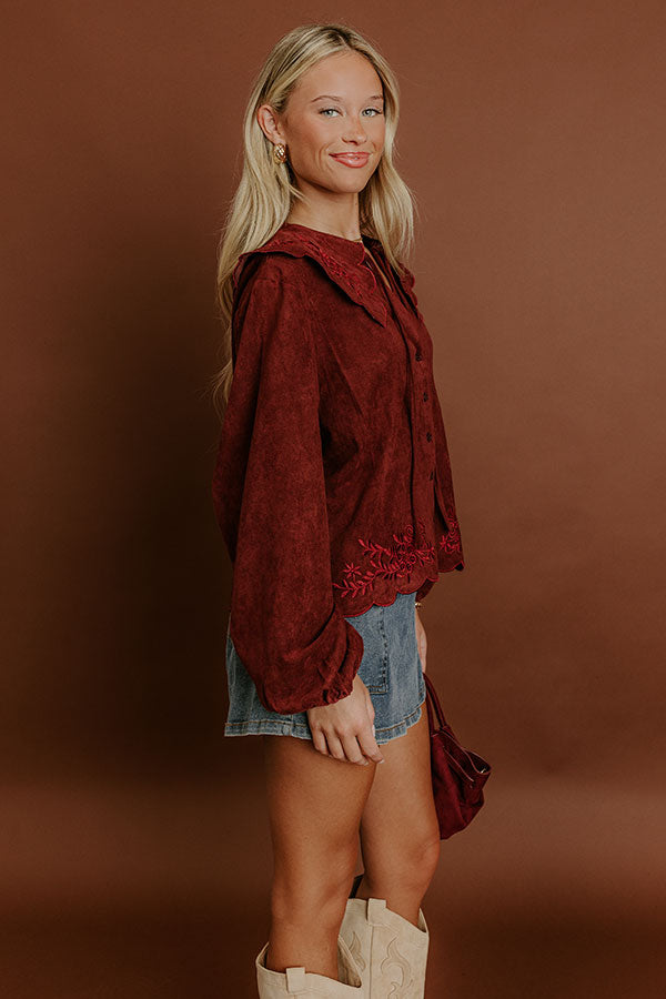 Rosehill Estate Faux Suede Button Up Top in Merlot Image 5