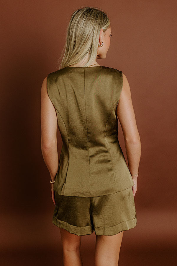 Cocktails And Chit Chat Satin Romper in Martini Olive Image 5