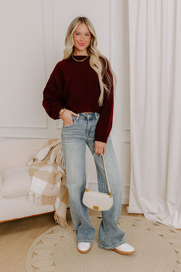 Comfy Chic Knit Crop Sweater Top in Maroon Image - 3