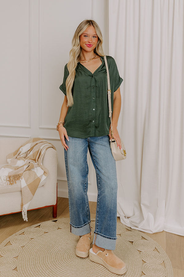 Mimosa Please Satin Button Up Top in Deep Forest Image 2