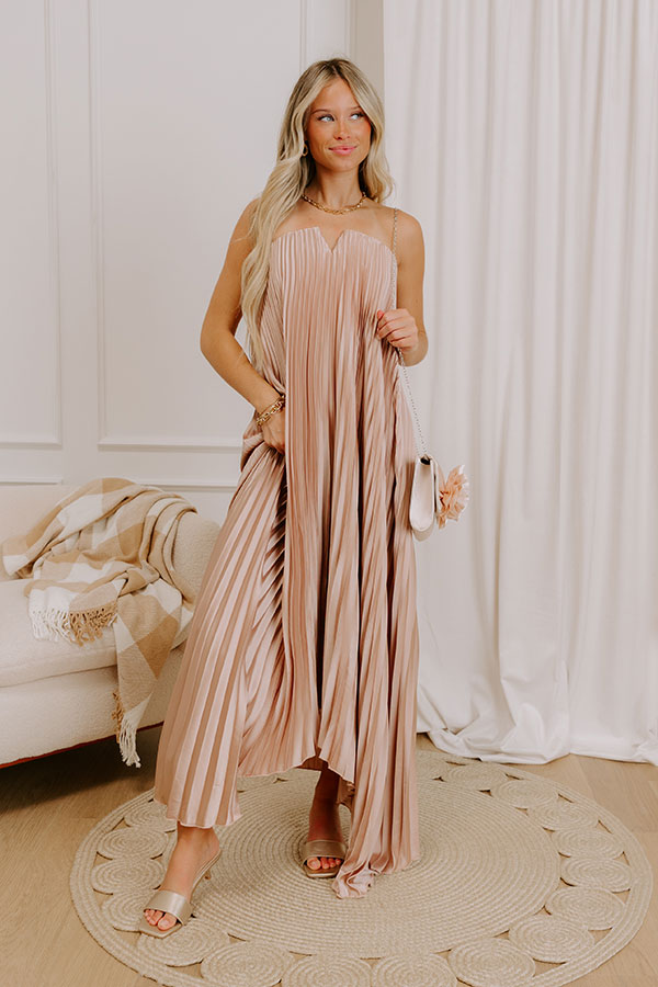 Moonlit Waltz Satin Pleated Maxi Dress in Champagne Moonlit Waltz Satin Pleated Maxi Dress in Champagne