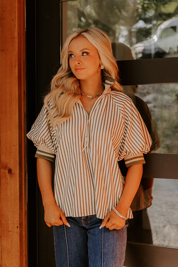 Smiles And Stripes Quarter Zip Top in Sage  Image 4