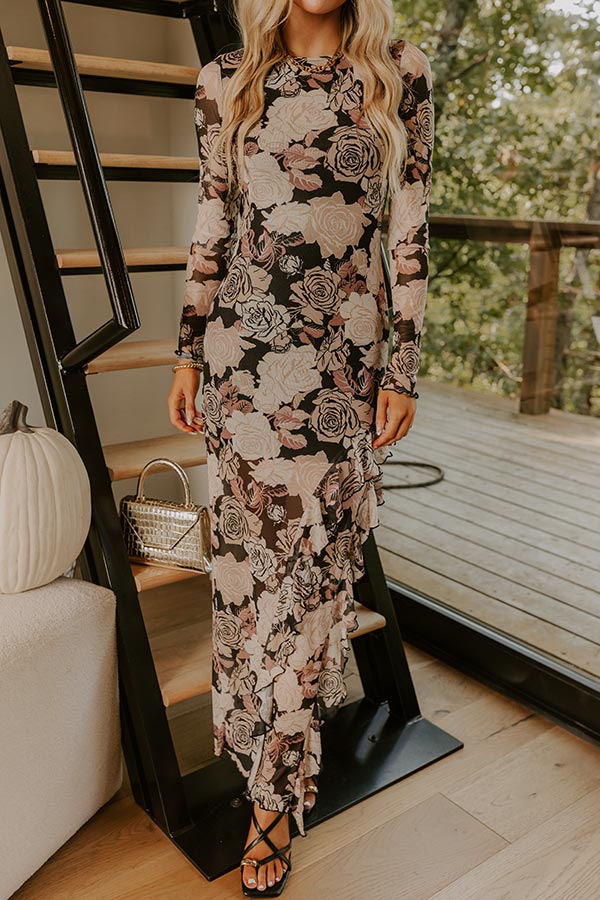 Wild Rose Mesh Asymmetrical Maxi Dress