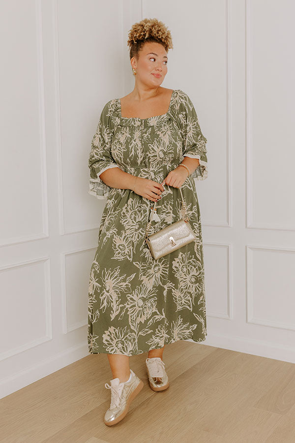 Sunflower Fields Smocked Midi Dress in Olive Curves 2XL / Olive Sunflower Fields Smocked Midi Dress in Olive Curves 2XL / Olive