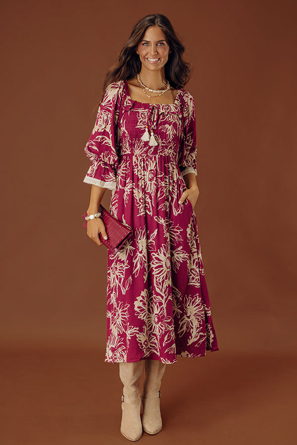 Sunflower Fields Smocked Midi Dress in Sangria Image - 1