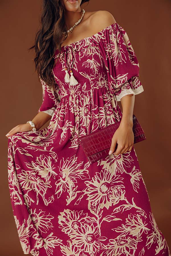 Sunflower Fields Smocked Midi Dress in Sangria Image - 2