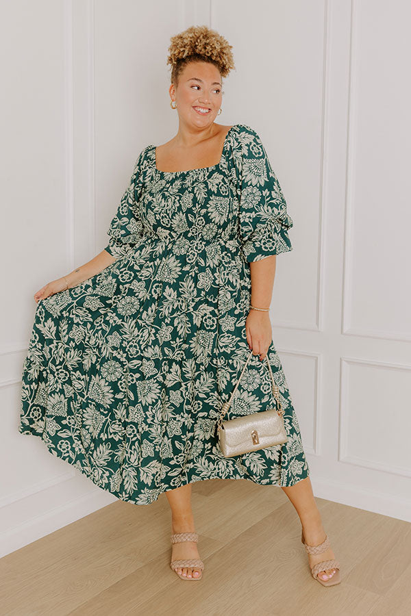 Mystic Garden Floral Smocked Midi Dress in Hunter Green Curves 3XL / hunter-green Mystic Garden Floral Smocked Midi Dress in Hunter Green Curves 3XL / hunter-green