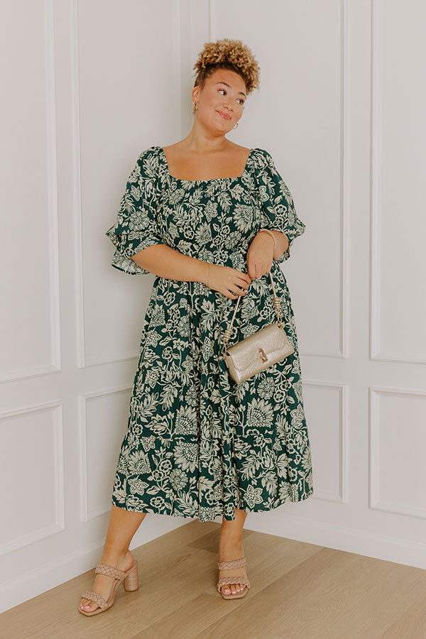 Mystic Garden Floral Smocked Midi Dress in Hunter Green Curves 3XL / hunter-green Mystic Garden Floral Smocked Midi Dress in Hunter Green Curves 3XL / hunter-green