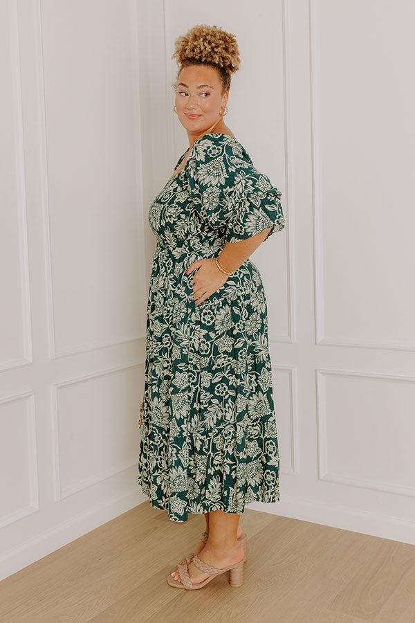 Mystic Garden Floral Smocked Midi Dress in Hunter Green Curves 3XL / Hunter-Green Mystic Garden Floral Smocked Midi Dress in Hunter Green Curves 3XL / Hunter-Green