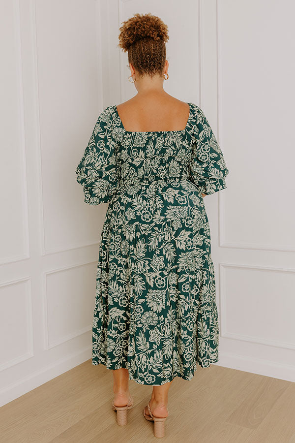 Mystic Garden Floral Smocked Midi Dress in Hunter Green Curves 3XL / hunter-green Mystic Garden Floral Smocked Midi Dress in Hunter Green Curves 3XL / hunter-green