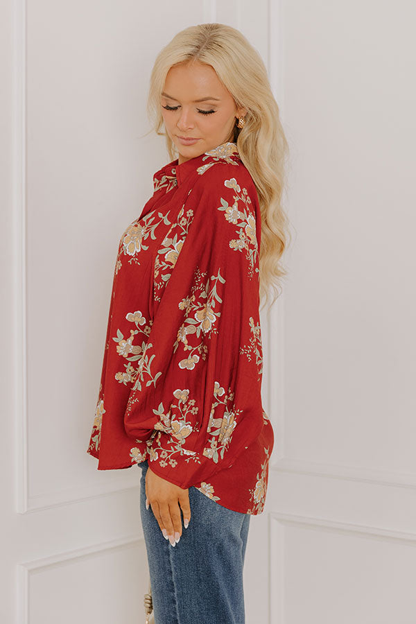 Harvest Bloom Floral Button Up Top in Brick Red Image 5