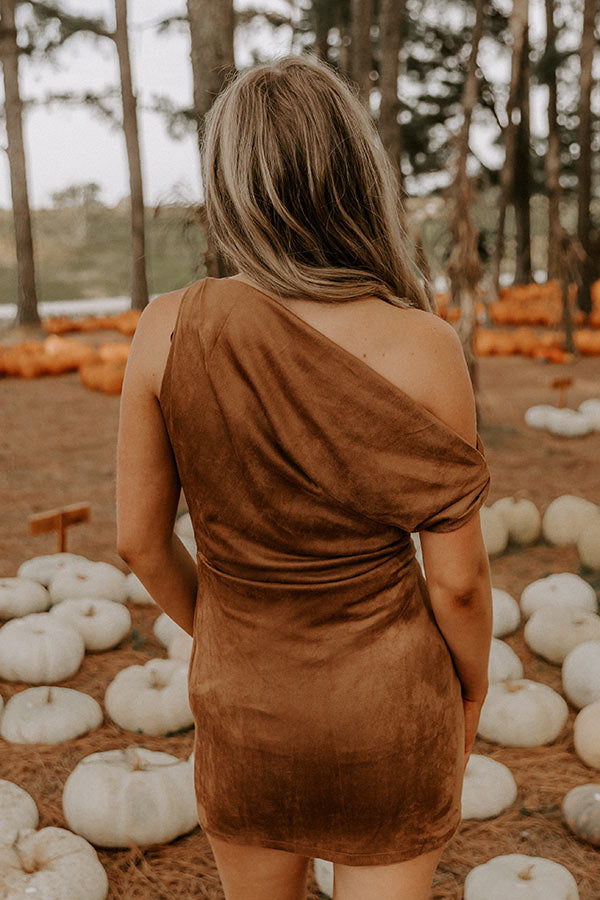 faux suede a line dress boohoo Women's Plus Faux Suede Flared Sleeve A Line Mini Dress in Camel