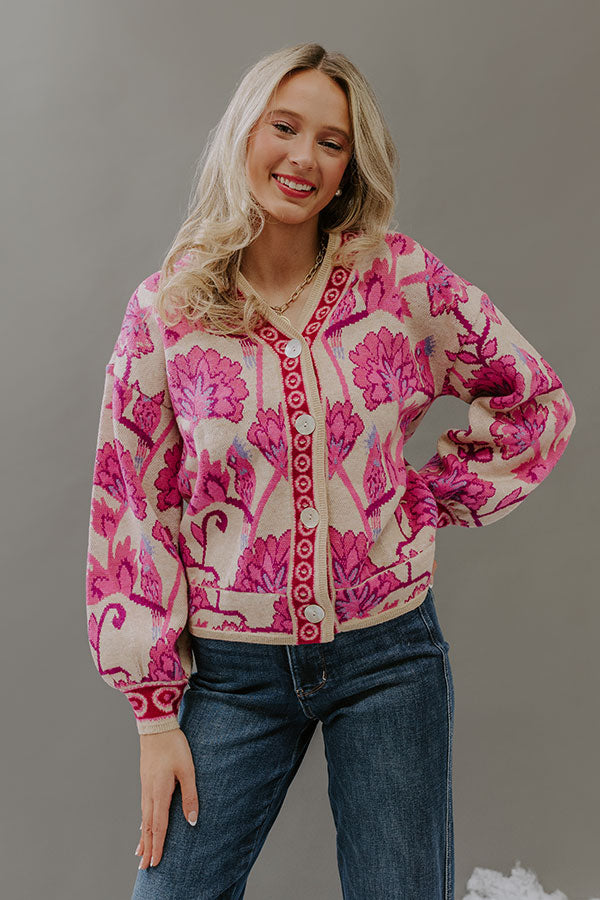 Petals And Pinot Floral Knit Cardigan in Pink