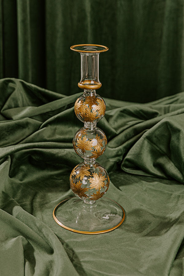 Falling Snowflakes 10 inches Gold Etched Candlestick Holder