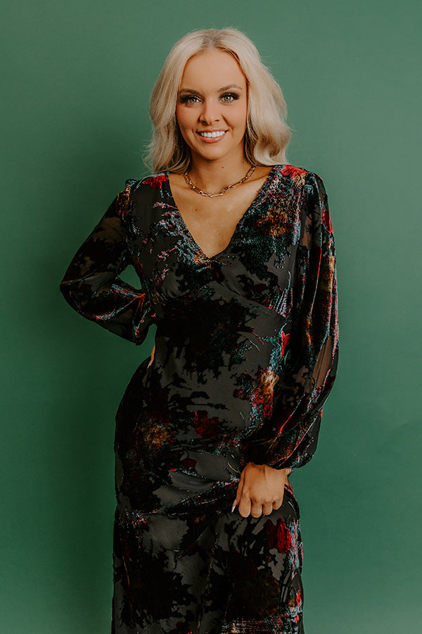 black floral velvet dress Poised Romance Floral Velvet Burnout Maxi Dress in Black S / Black