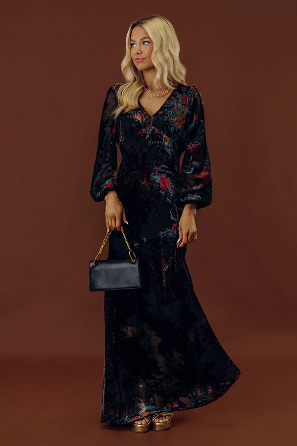 Poised Romance Floral Velvet Burnout Maxi Dress in Black Image - 2