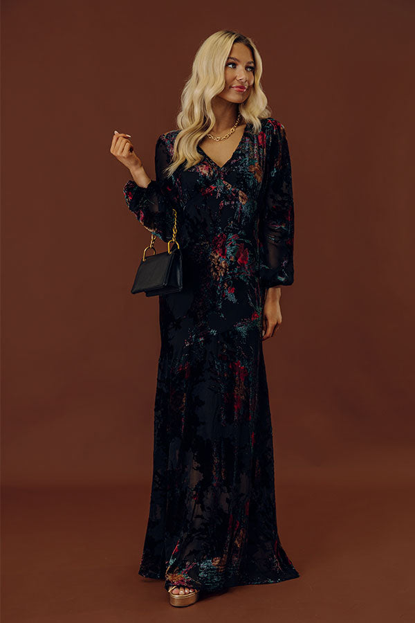 Poised Romance Floral Velvet Burnout Maxi Dress in Black Image - 1