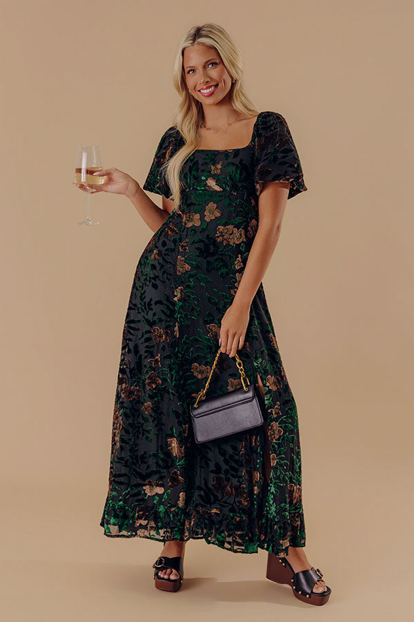 Brownstone Bliss Velvet Burnout Maxi Dress in Green