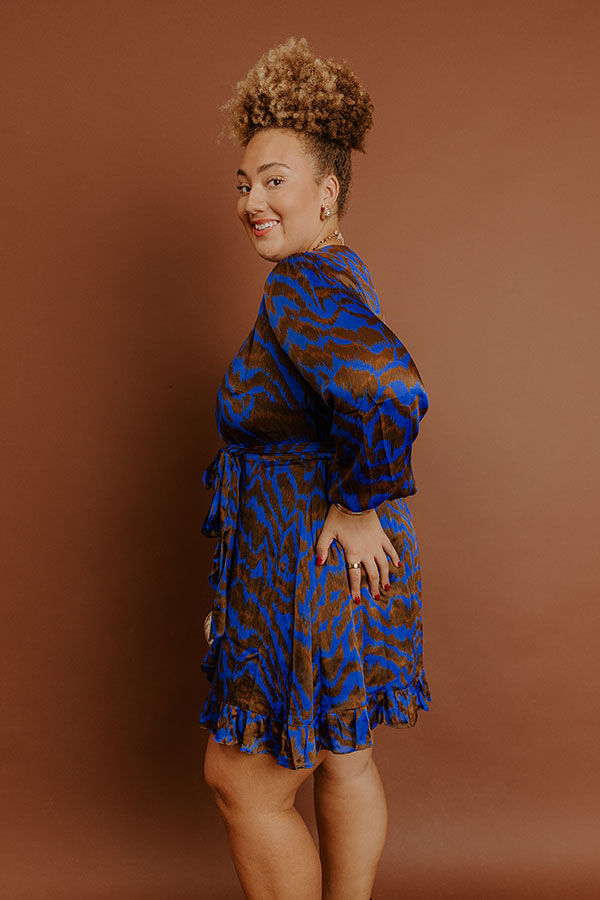 royal blue wrap dress Small Sleek material with a brown and blue hued abstract print Royal Mini Dress