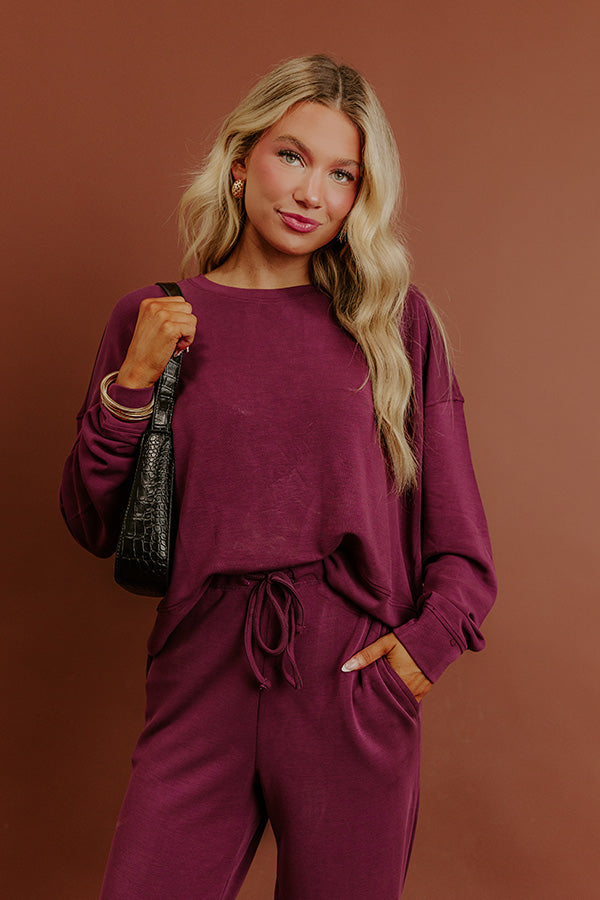 Cozy Cues Scuba Long Sleeve Tee in Plum
