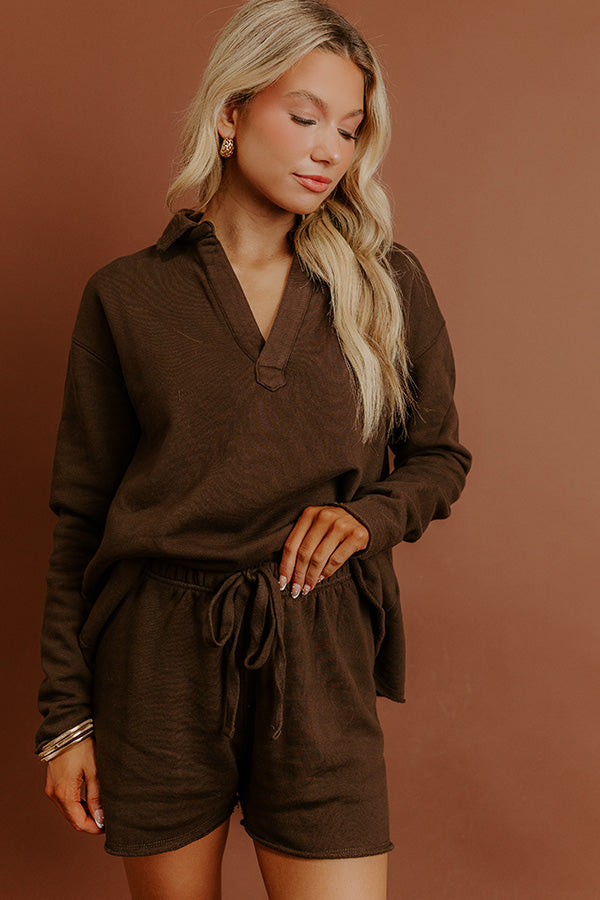 Cozy Cues Midrise Fleece Shorts in Chestnut Image - 1