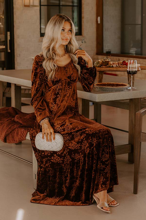 Champagne Toast Floral Velvet Maxi Dress in Chocolate