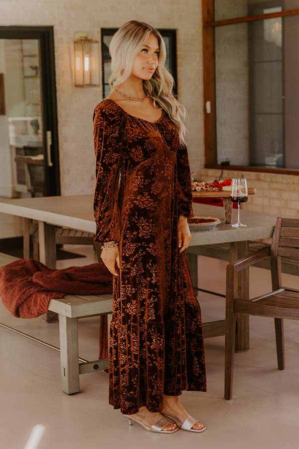 Champagne Toast Floral Velvet Maxi Dress in Chocolate Image - 5