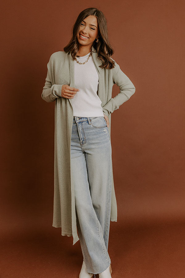 Cappuccino Sippin Waffle Knit Duster Cardigan in Light Sage Image - 3