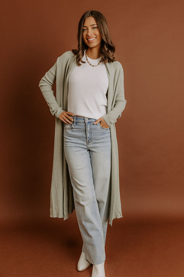 Cappuccino Sippin Waffle Knit Duster Cardigan in Light Sage Image - 2