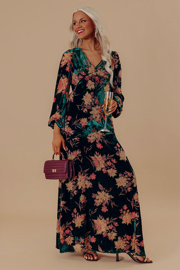 Poised Romance Floral Velvet Burnout Maxi Dress in Forest Image - 1