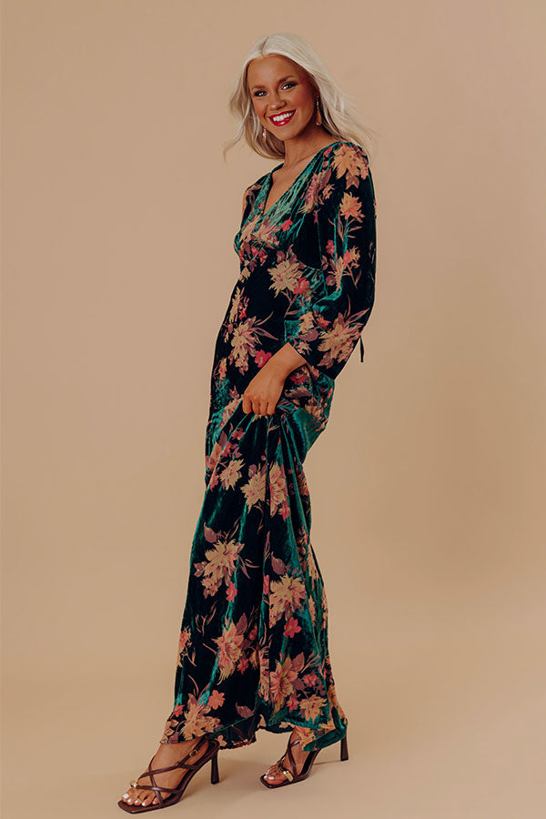 Poised Romance Floral Velvet Burnout Maxi Dress in Forest Image - 2