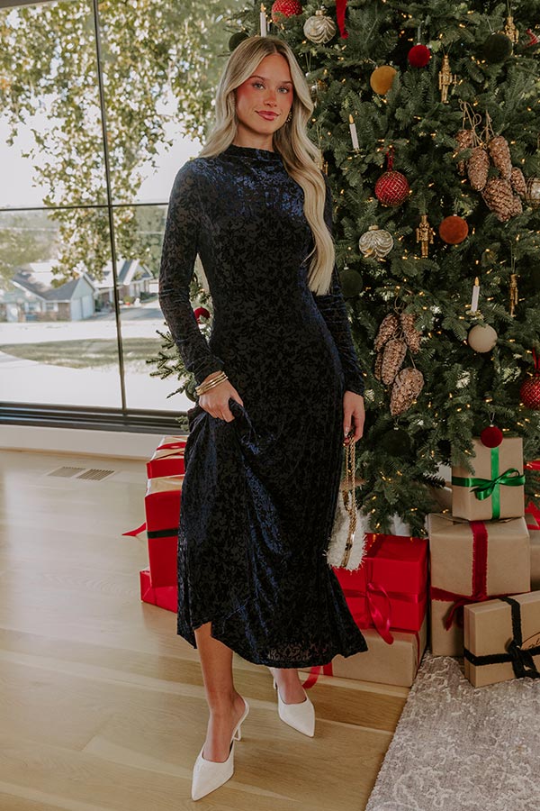 Moonlit Dance Velvet Burnout Midi Dress L / Navy Moonlit Dance Velvet Burnout Midi Dress L / Navy