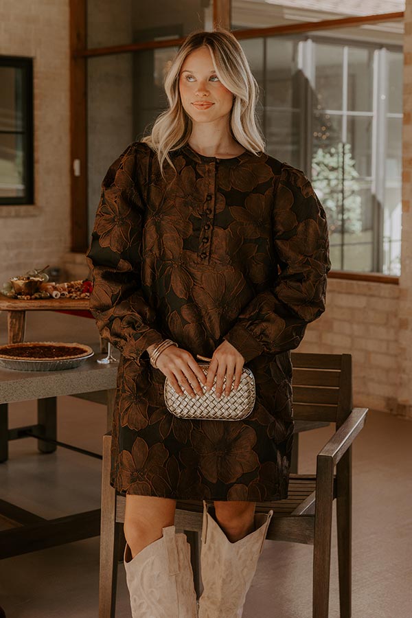 Timeless Treasures Floral Jacquard Mini Dress in Chocolate S / Chocolate Timeless Treasures Floral Jacquard Mini Dress in Chocolate S / Chocolate