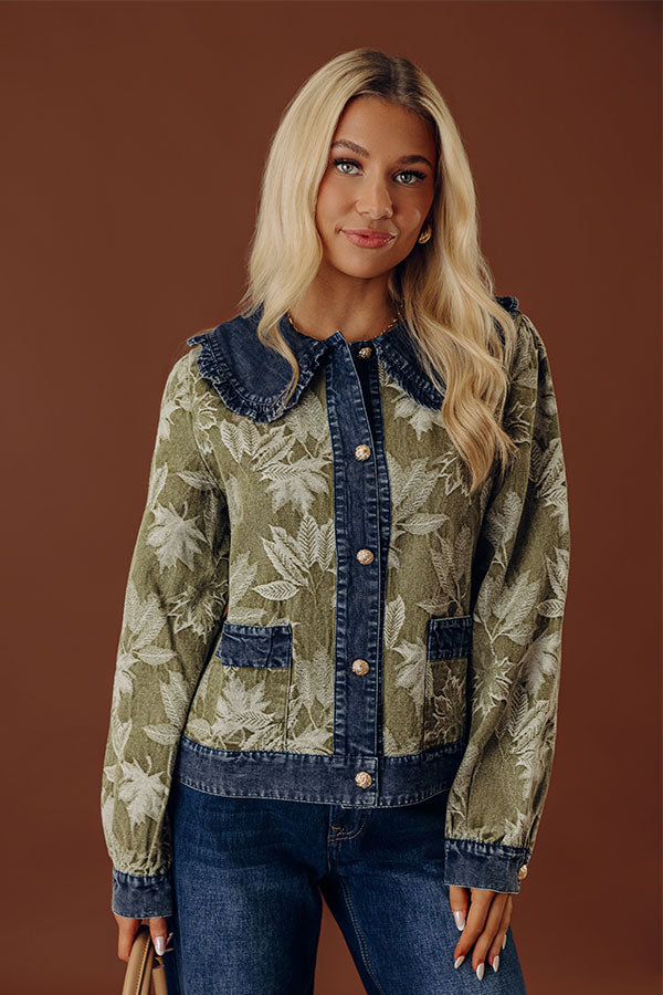 Central Park Leaves Jacquard Denim Jacket in Olive Image - 2