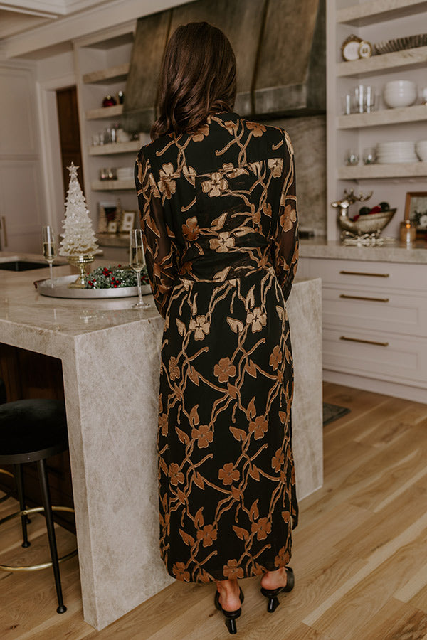 Elegant Ease Floral Jacquard Midi Dress M / Black