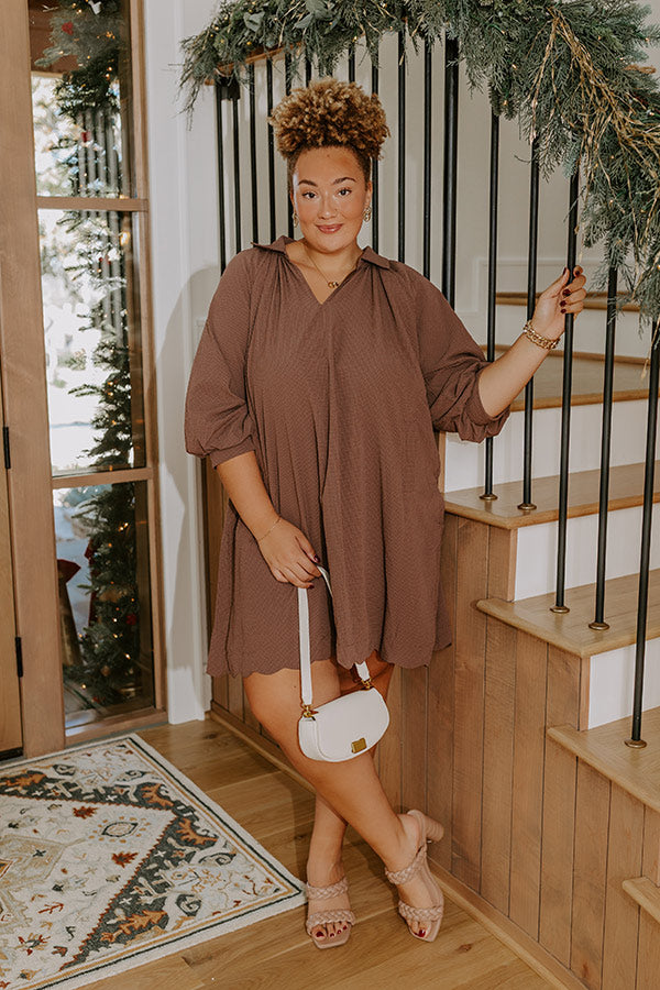 Dinner in Soho Scalloped Mini Dress in Mocha Curves