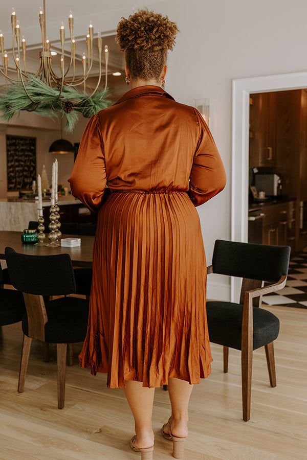 Evening Glow Pleated Satin Midi Dress in Cinnamon Curves 1XL / Cinnamon Evening Glow Pleated Satin Midi Dress in Cinnamon Curves 1XL / Cinnamon