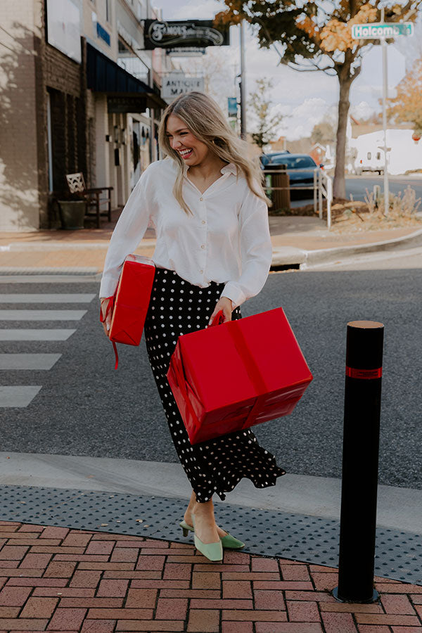Right On Cue Satin Polka Dot Midi Skirt