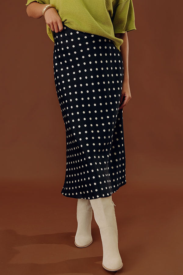 Right On Cue Satin Polka Dot Midi Skirt