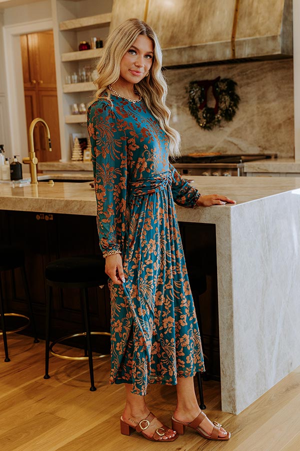 Evening Muse Floral Velvet Burnout Midi Dress S / Teal Evening Muse Floral Velvet Burnout Midi Dress S / Teal