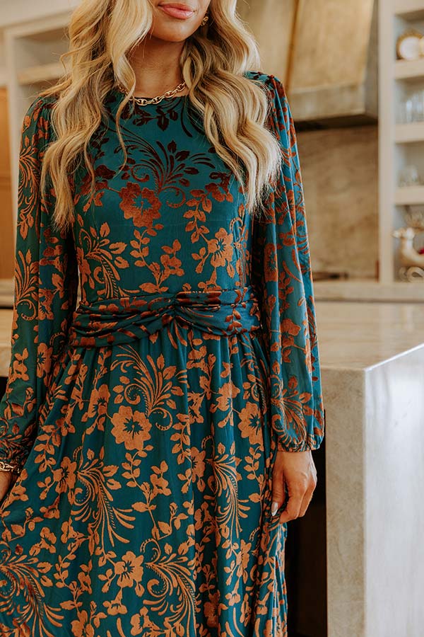 Evening Muse Floral Velvet Burnout Midi Dress S / Teal Evening Muse Floral Velvet Burnout Midi Dress S / Teal