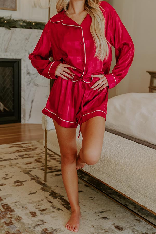 Calm Energy Satin Pajama Shorts in Crimson Image - 4