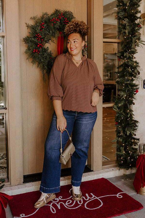 Dinner In Soho Scalloped Top in Mocha Curves