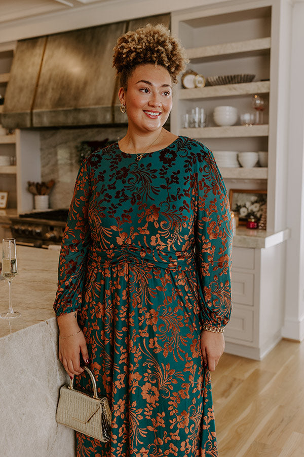 velvet burnout dress midi dress long sleeves Mac Duggal Burnout Velvet Long Sleeve Ruffle Hem Midi Dress