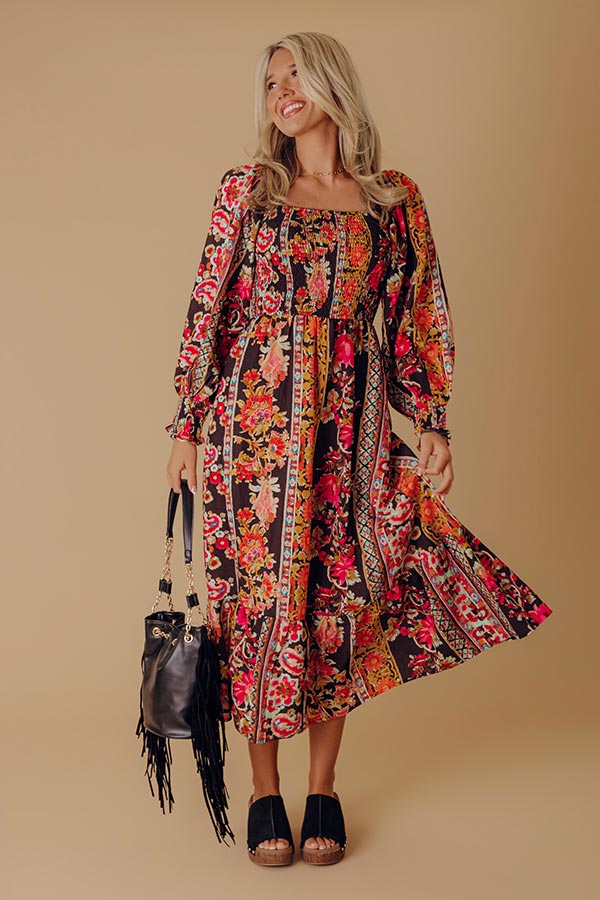 Boheme Whisper Floral Midi Dress in Black Image - 2